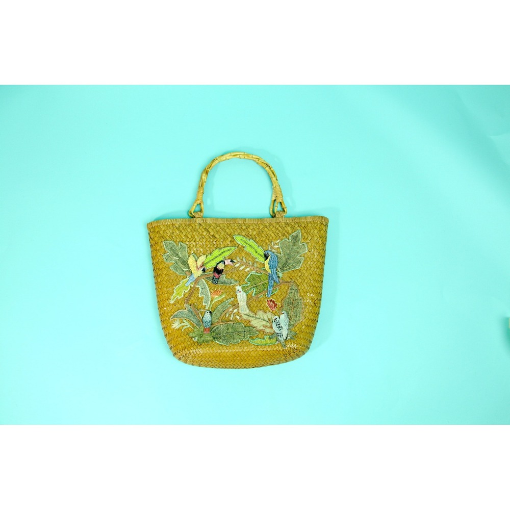 Vintage Cappelli Straworld Tropical Bird Embroidered Straw Bamboo Handle Bag